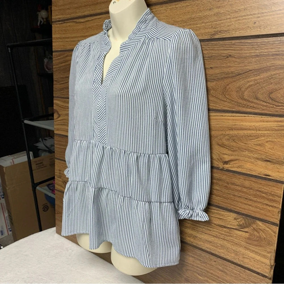 Monteau Los Angeles blue/white seersucker blouse size large mandarin collar - Picture 2 of 7